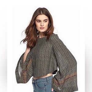 Free People XS Stars‎ Align Green Geometric Bell Sleeve Crop Women's Boho Blouse